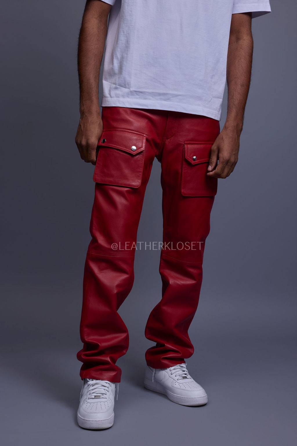 Men's Leather Cargo Jean Pants [Red]