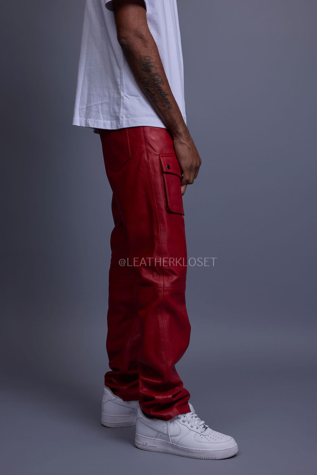 Men's Leather Cargo Jean Pants [Red]