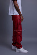 Men's Leather Cargo Jean Pants [Red]