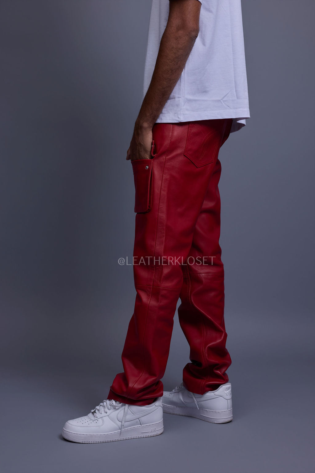 Men's Leather Cargo Jean Pants [Red]