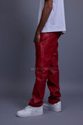 Men's Leather Cargo Jean Pants [Red]