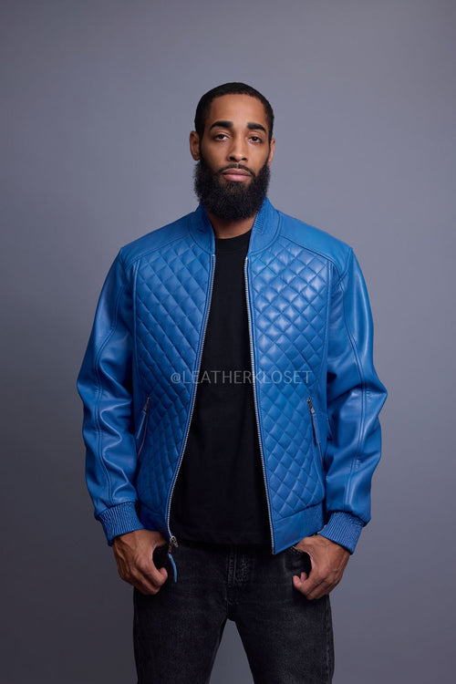 Men's Lucas Quilted Leather Bomber Jacket [Royal Blue]