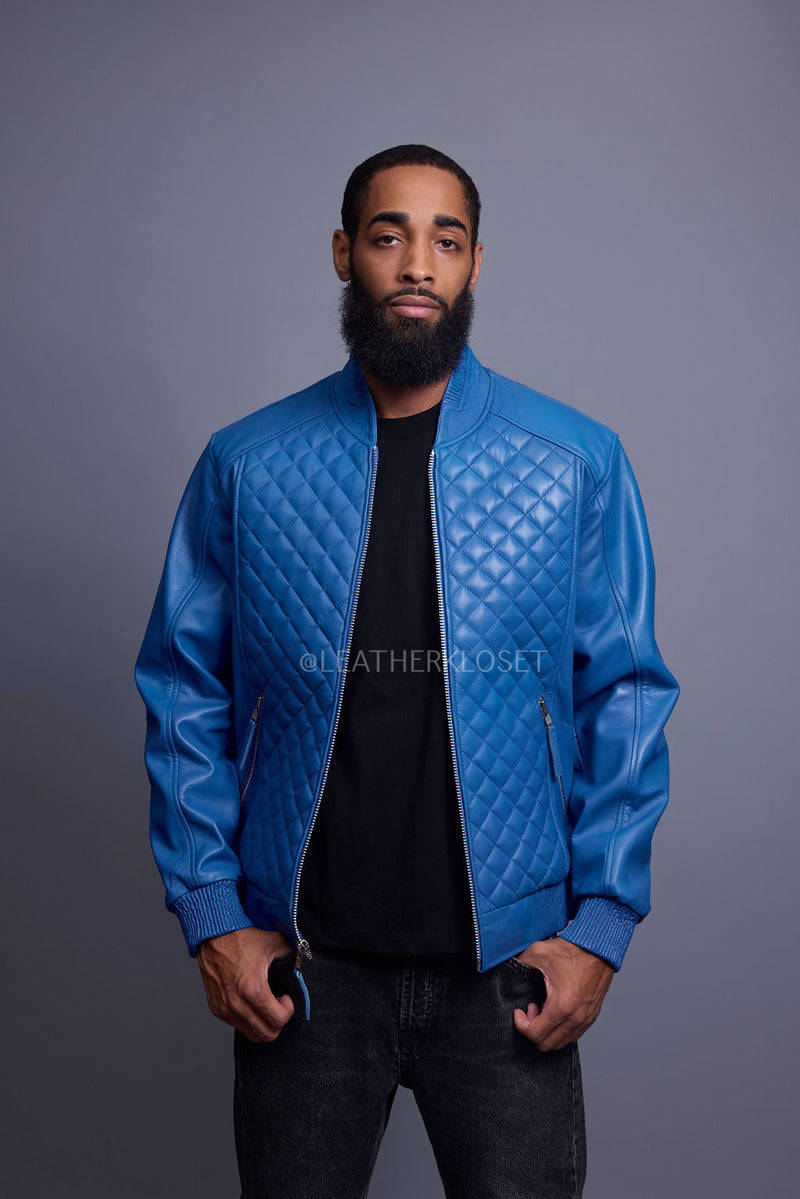 Men's Lucas Quilted Leather Bomber Jacket [Royal Blue]