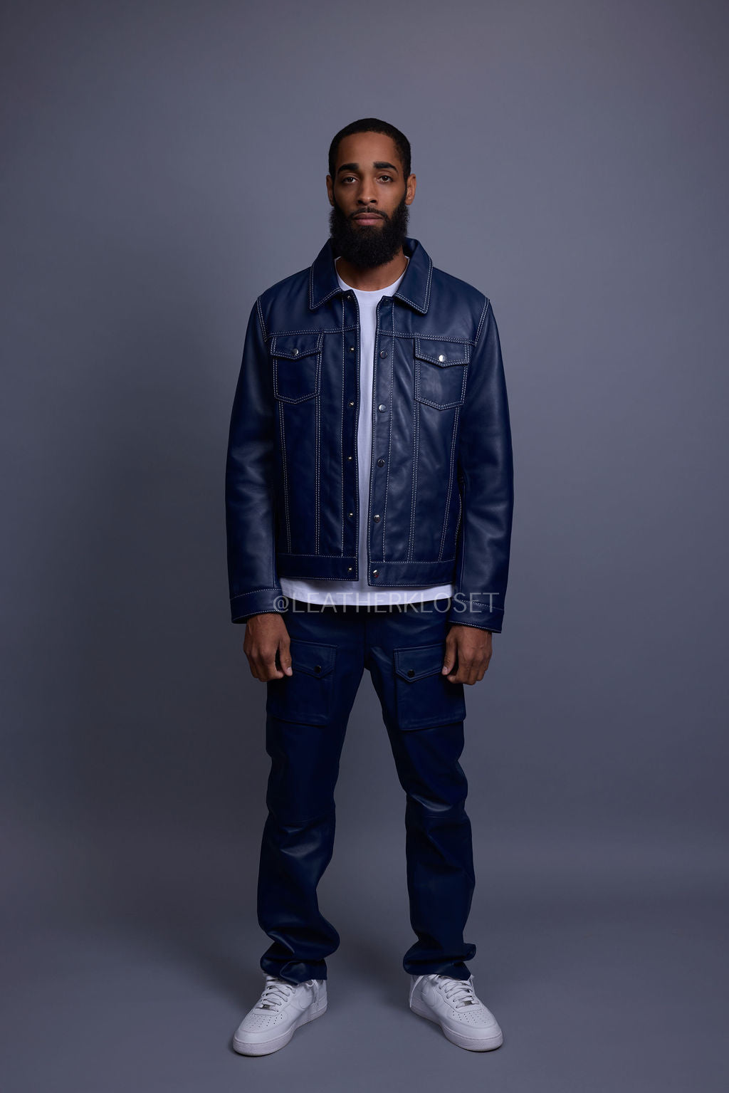 Men's Dylan Leather Jean Jacket And Cargo Pants Set [Navy