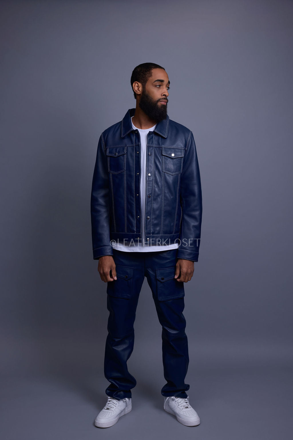 Men's Dylan Leather Jean Jacket And Cargo Pants Set [Navy]