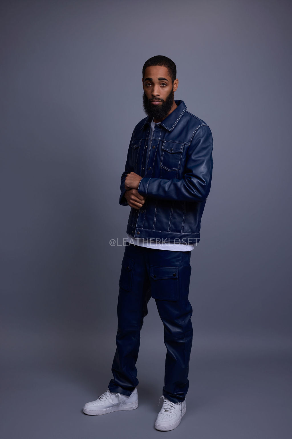 Men's Dylan Leather Jean Jacket And Cargo Pants Set [Navy]