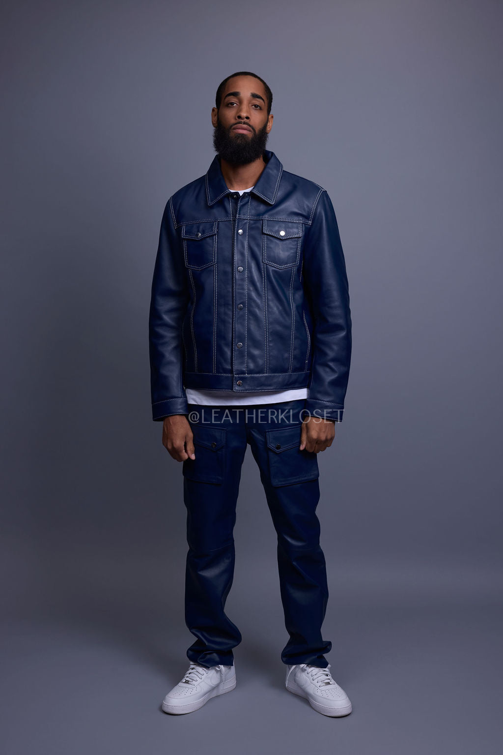 Men's Dylan Leather Jean Jacket And Cargo Pants Set [Navy]