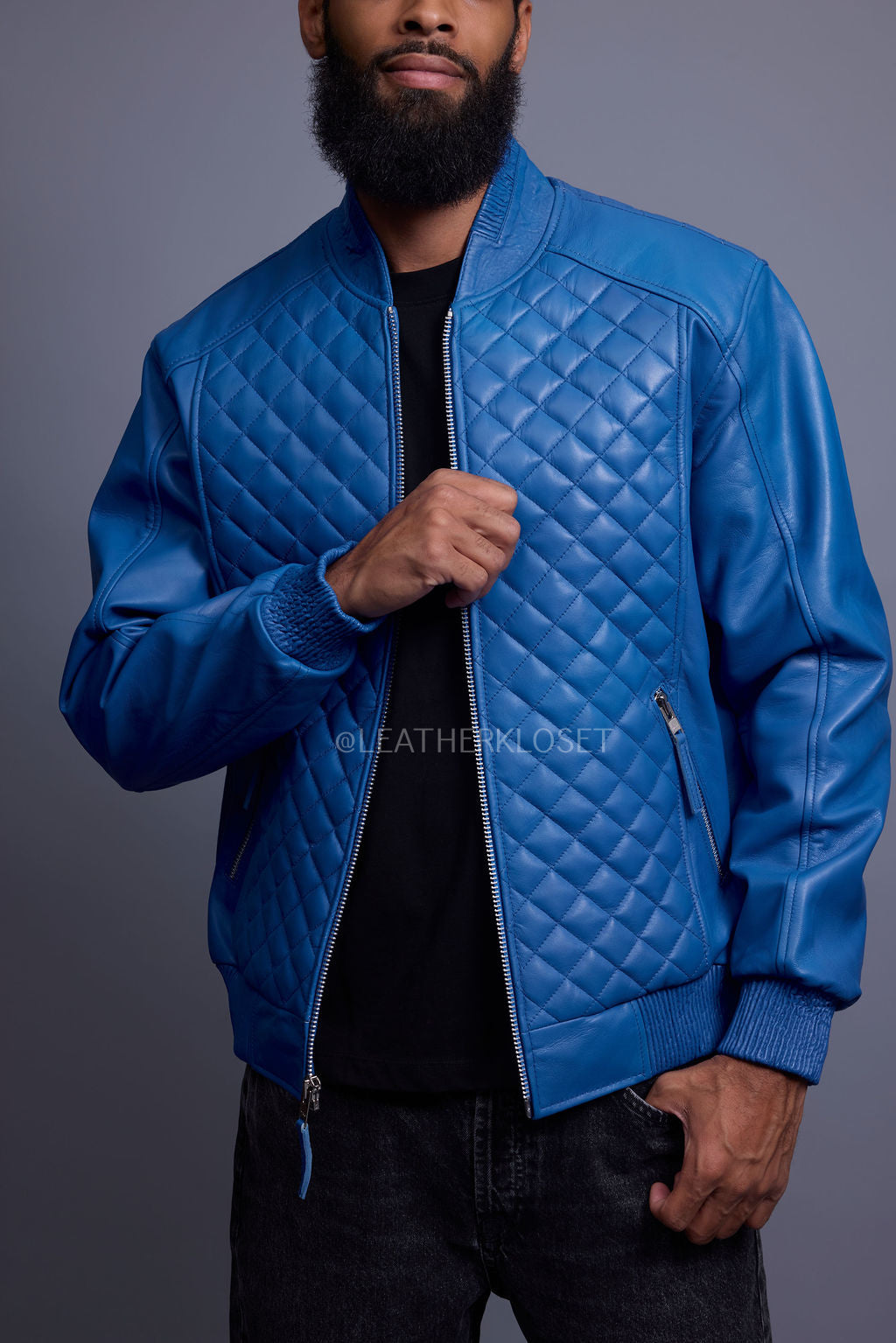 Men's Lucas Quilted Leather Bomber Jacket [Royal Blue]