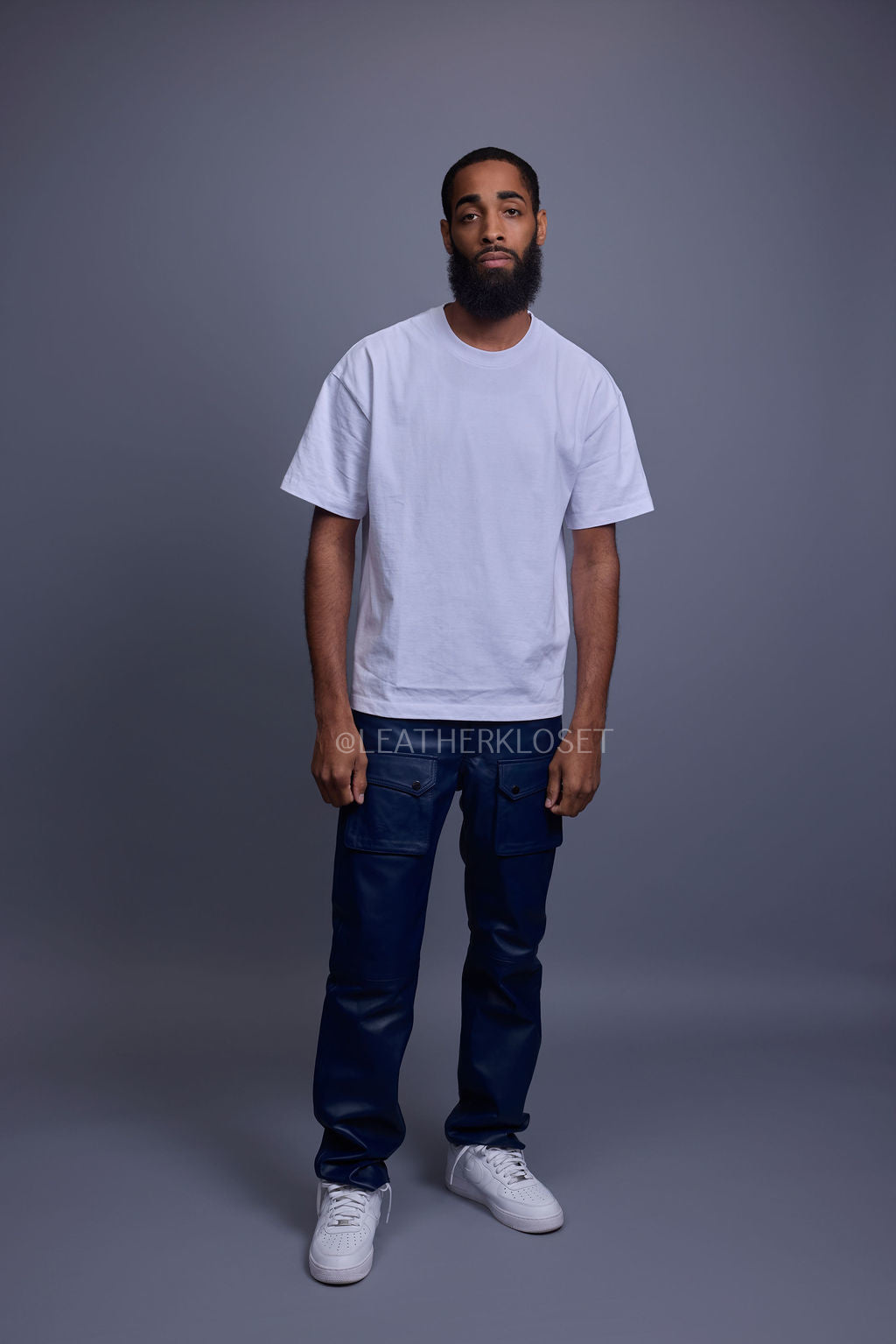 Men's Leather Cargo Jean Pants [Navy]
