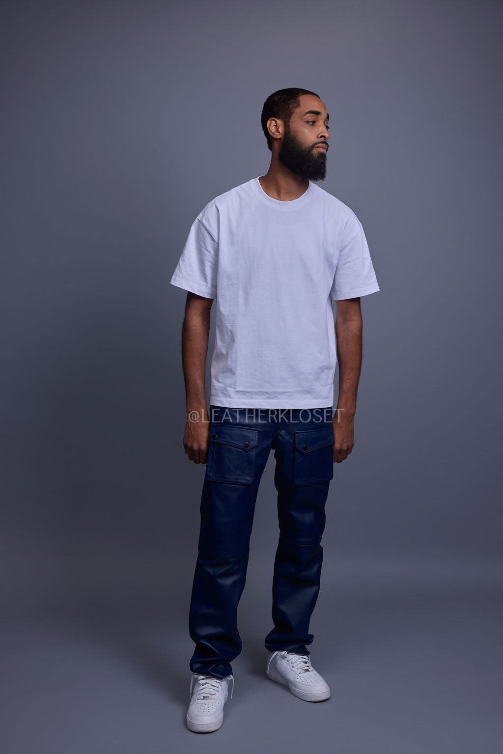 Men's Leather Cargo Jean Pants [Navy]