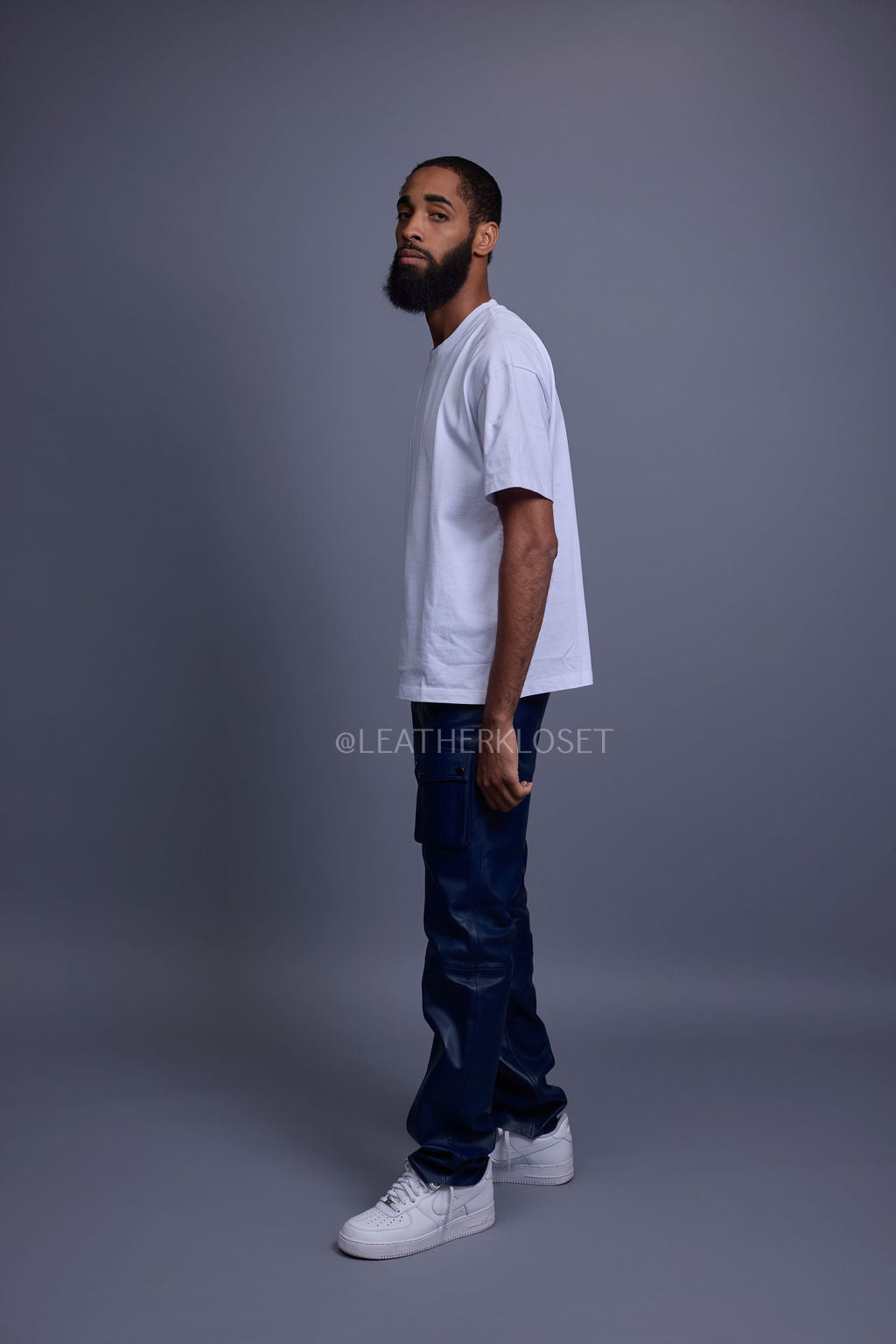 Men's Leather Cargo Jean Pants [Navy]