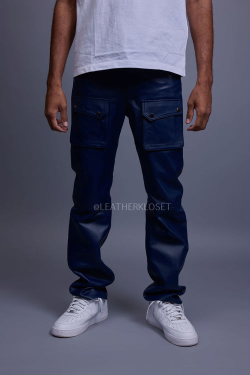 Men's Leather Cargo Jean Pants [Navy]