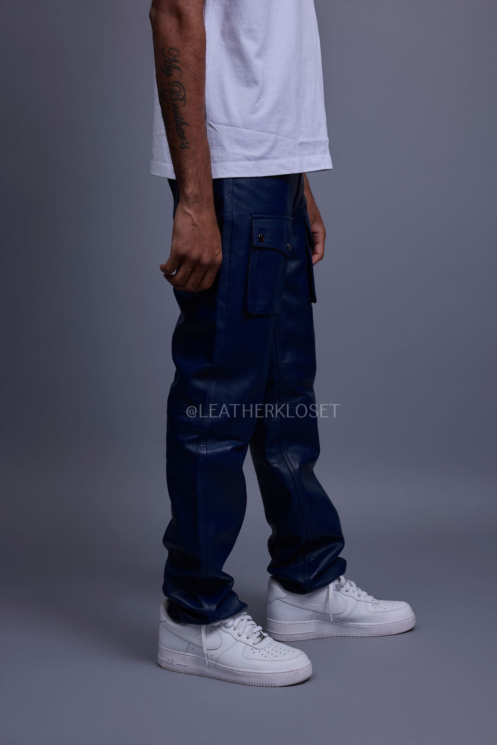 Men's Leather Cargo Jean Pants [Navy]