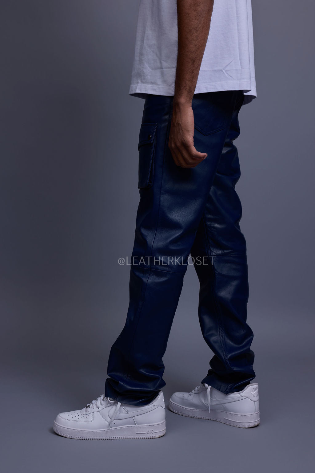 Men's Leather Cargo Jean Pants [Navy]