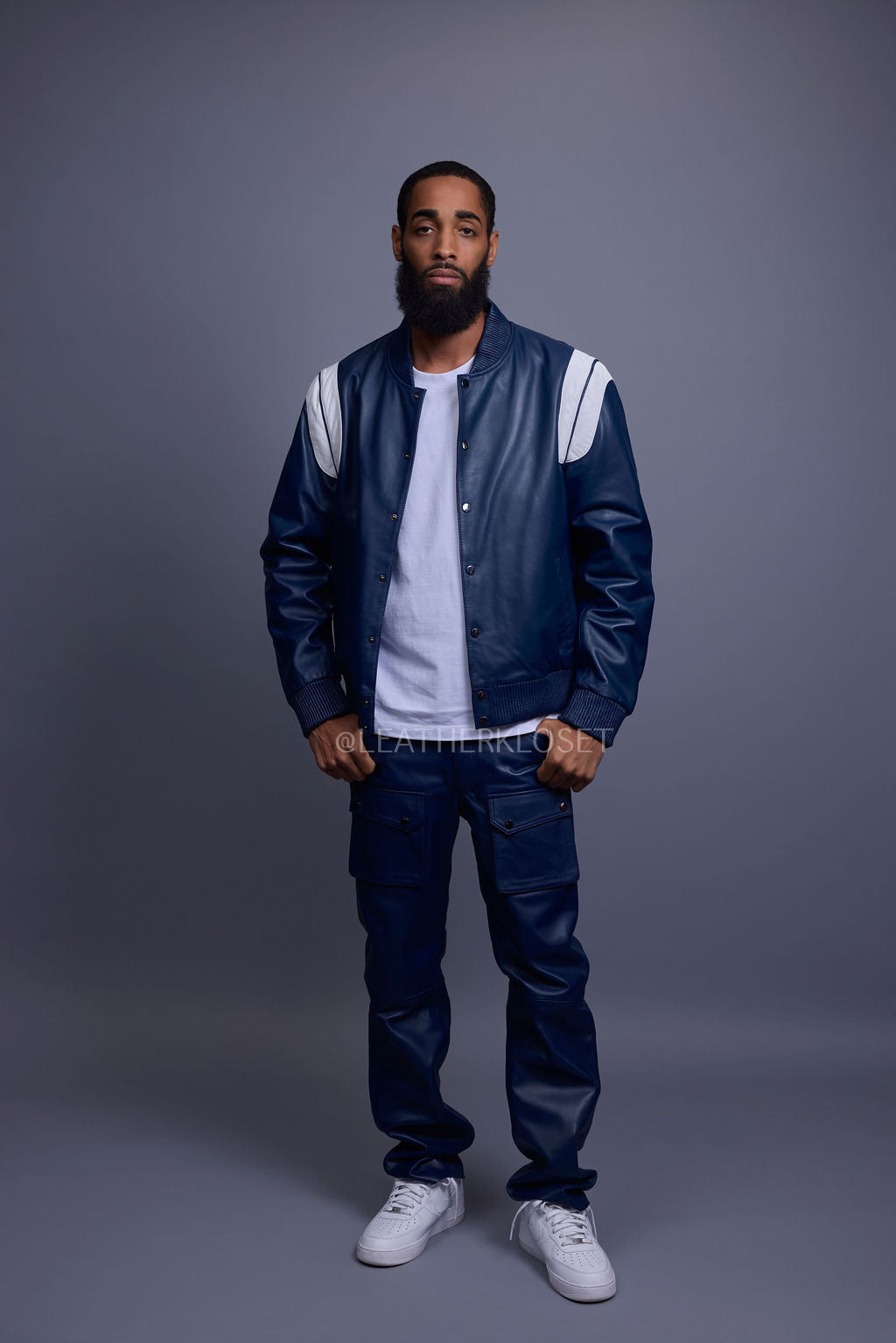 Men's Liam Leather Jacket And Cargo Pants Set [Navy/White]
