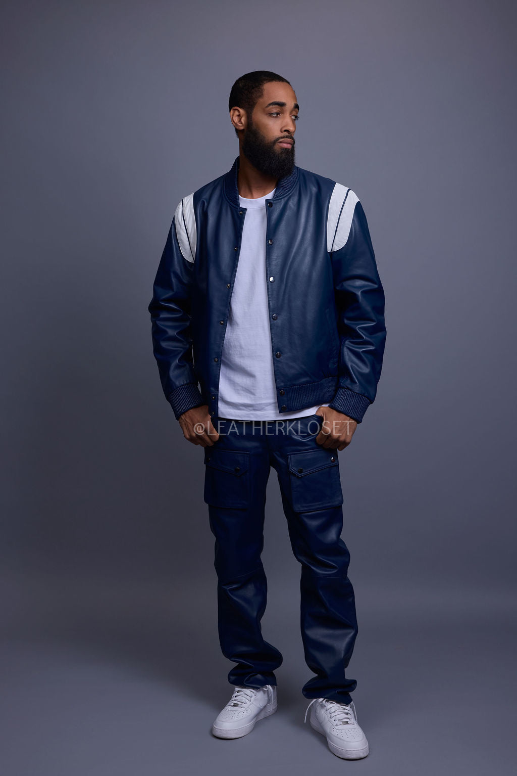 Men's Liam Leather Jacket And Cargo Pants Set [Navy/White]