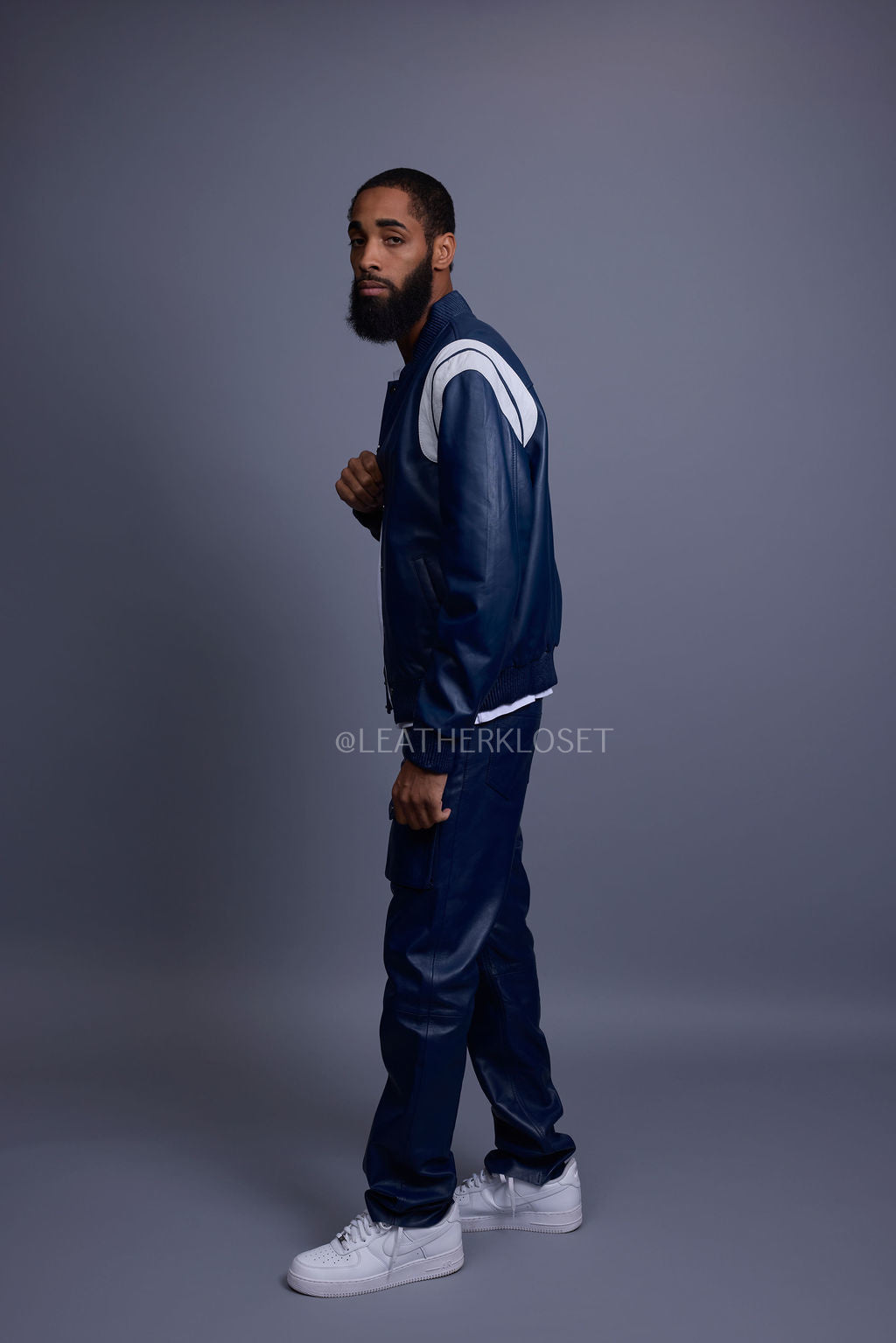 Men's Liam Leather Jacket And Cargo Pants Set [Navy/White]