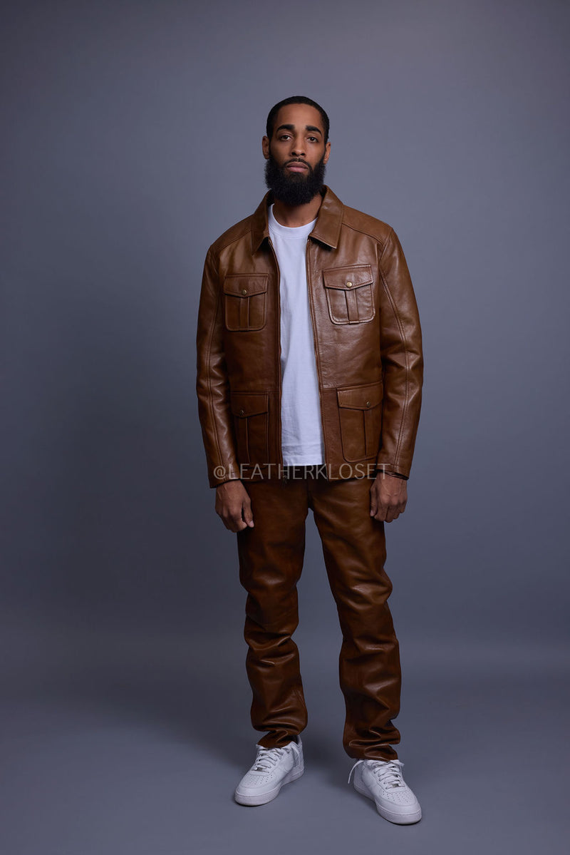 Men's Safari Leather Jacket And Pant Set [Toffee]