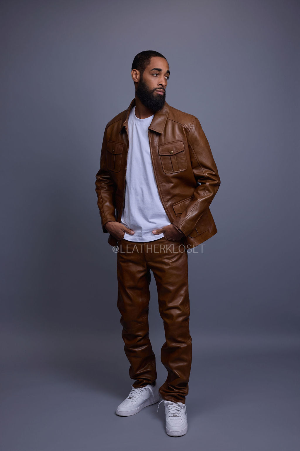 Men's Safari Leather Jacket And Pant Set [Toffee]