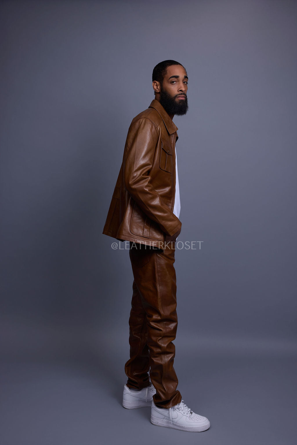 Men's Safari Leather Jacket And Pant Set [Toffee]