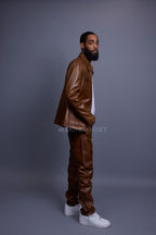 Men's Safari Leather Jacket And Pant Set [Toffee]
