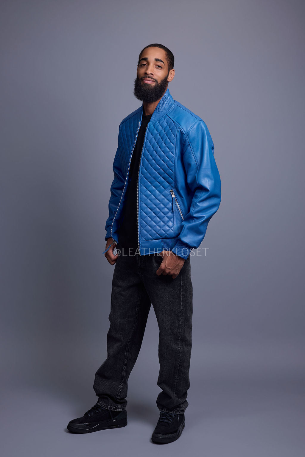 Men's Lucas Quilted Leather Bomber Jacket [Royal Blue]