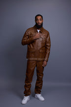 Men's Safari Leather Jacket And Pant Set [Toffee]