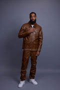 Men's Safari Leather Jacket And Pant Set [Toffee]