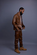 Men's Safari Leather Jacket And Pant Set [Toffee]