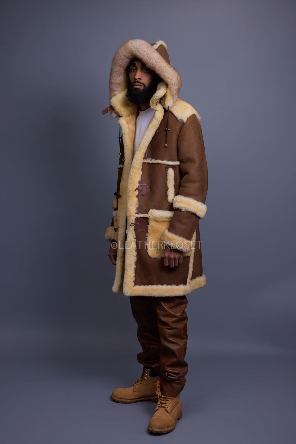 Men's Stealth Real Sheepskin Shearling Duffle [Suede Whiskey]