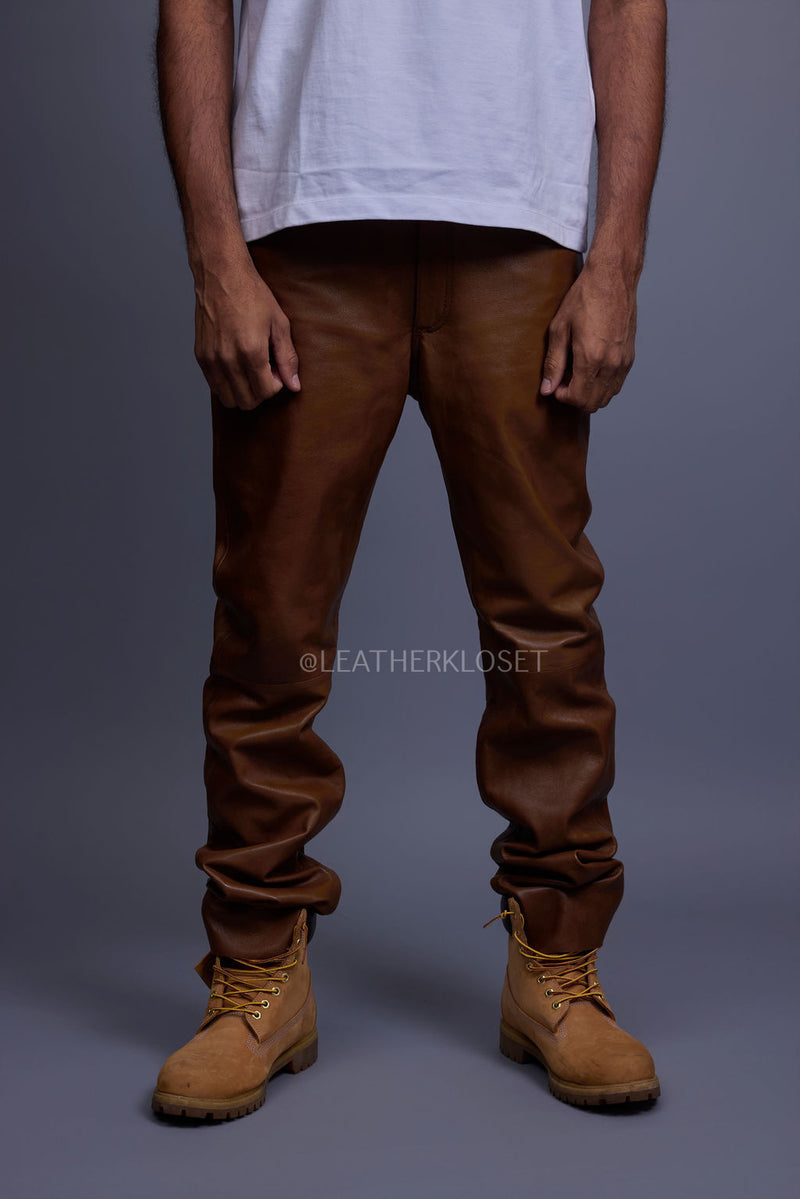 Men's Leather Jean Pants [Toffee]