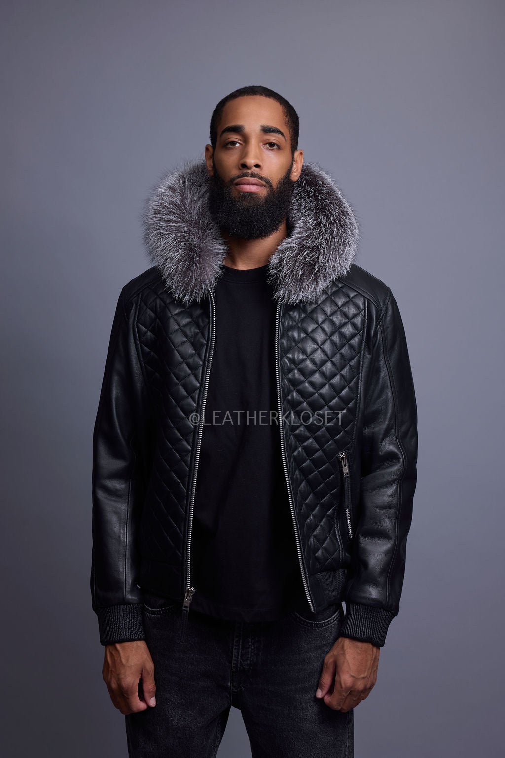 Men's Lucas Quilted Leather Bomber Jacket With Fox Hood [Silver Fox]