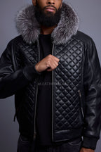 Men's Lucas Quilted Leather Bomber Jacket With Fox Hood [Silver Fox]