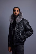Men's Lucas Quilted Leather Bomber Jacket With Fox Hood [Silver Fox]