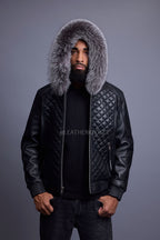 Men's Lucas Quilted Leather Bomber Jacket With Fox Hood [Silver Fox]