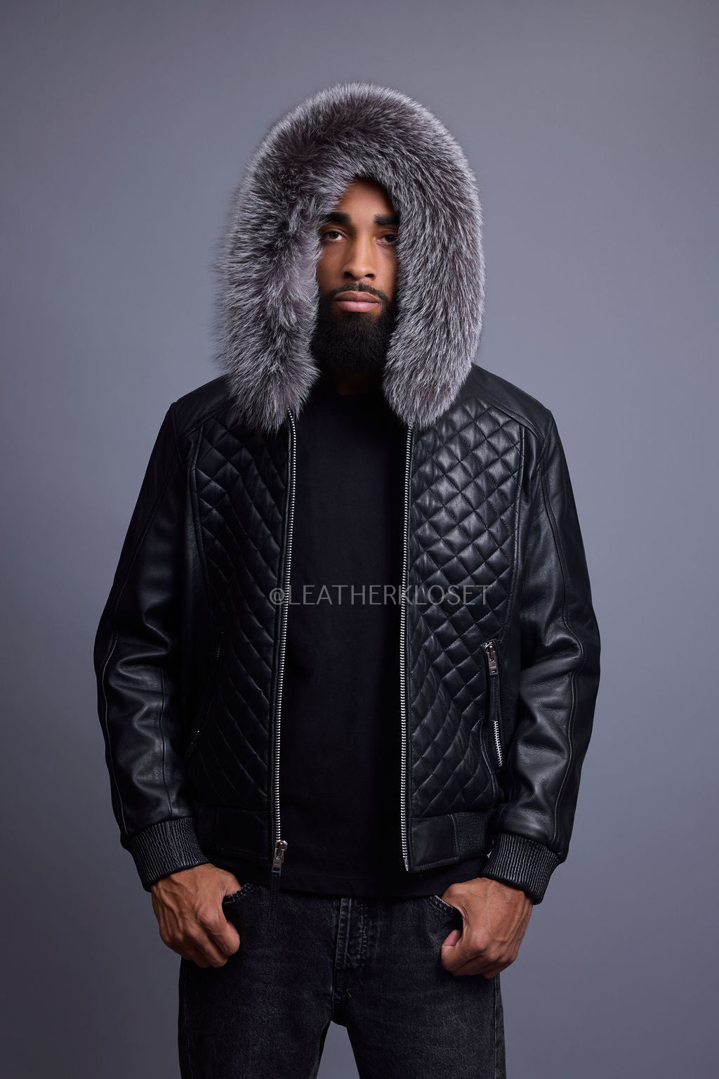 Men's Lucas Quilted Leather Bomber Jacket With Fox Hood [Silver Fox]
