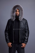 Men's Lucas Quilted Leather Bomber Jacket With Fox Hood [Silver Fox]