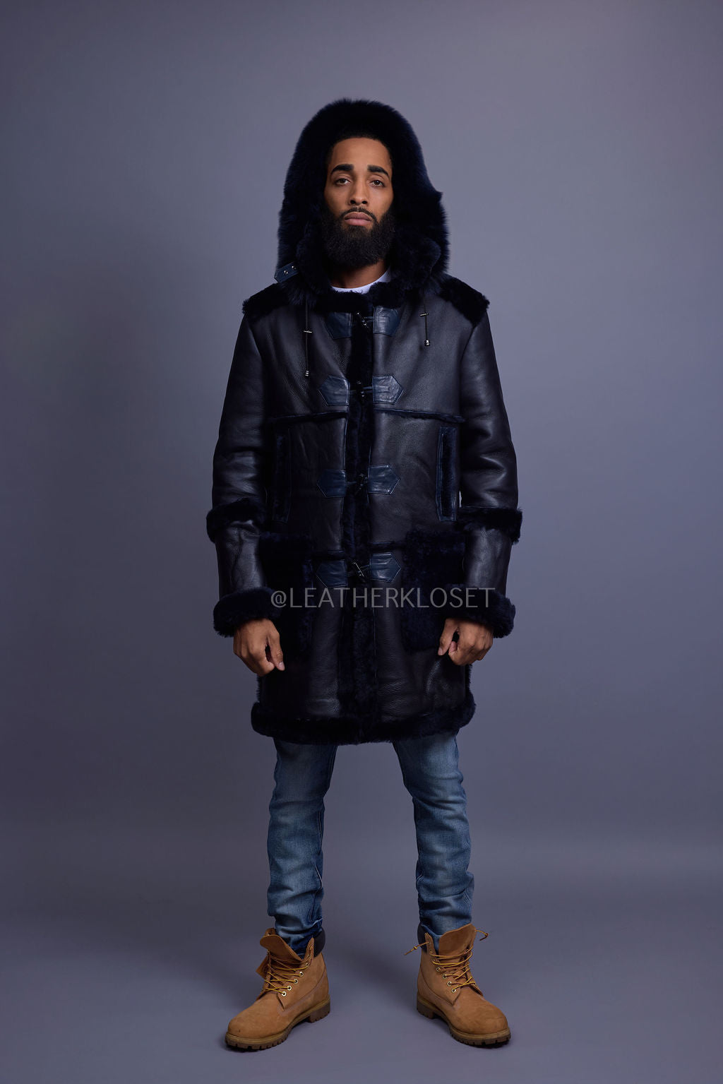 Men's Stealth Real Sheepskin Shearling Duffle [Navy Blue]