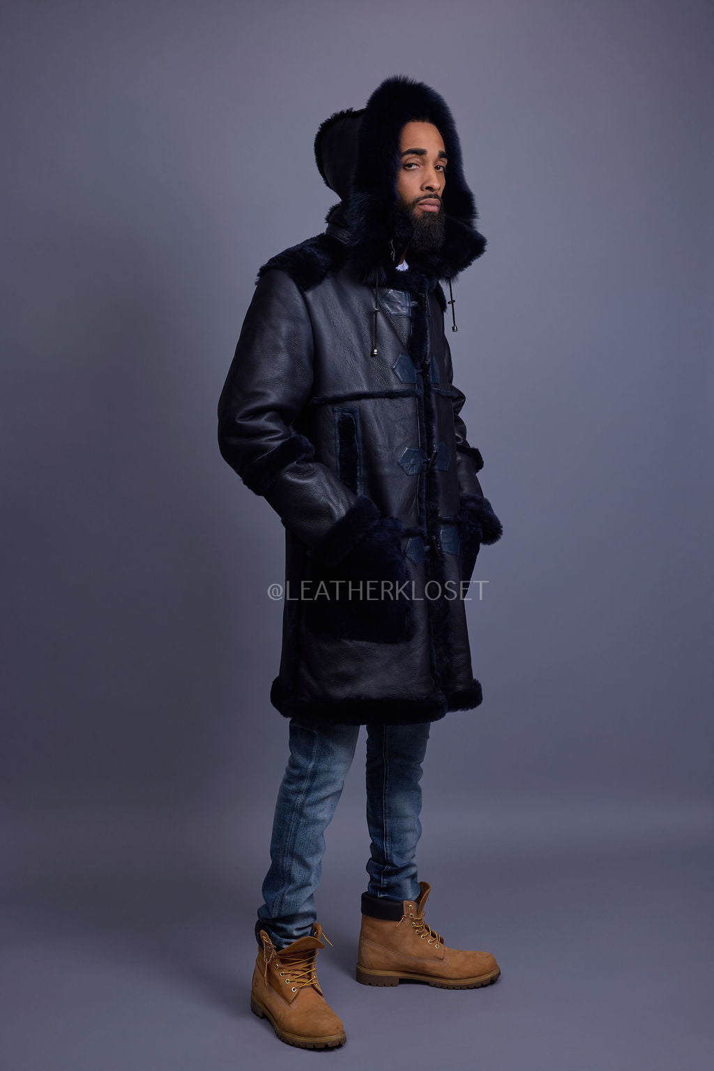Men's Stealth Real Sheepskin Shearling Duffle [Navy Blue]