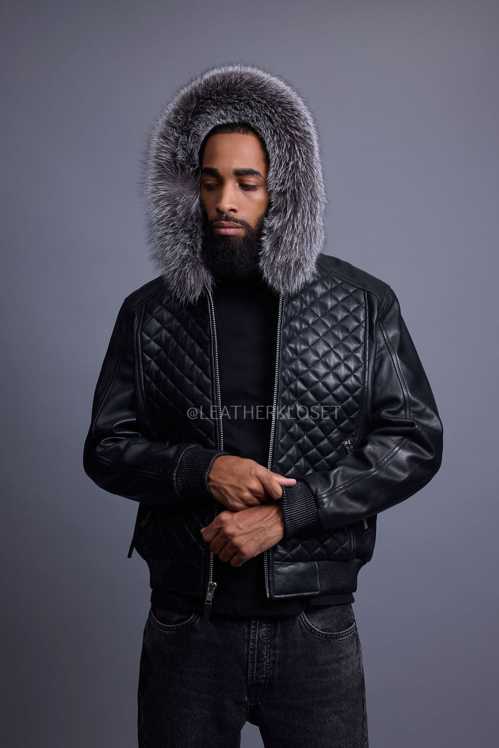 Men's Lucas Quilted Leather Bomber Jacket With Fox Hood [Silver Fox]