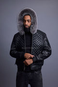 Men's Lucas Quilted Leather Bomber Jacket With Fox Hood [Silver Fox]