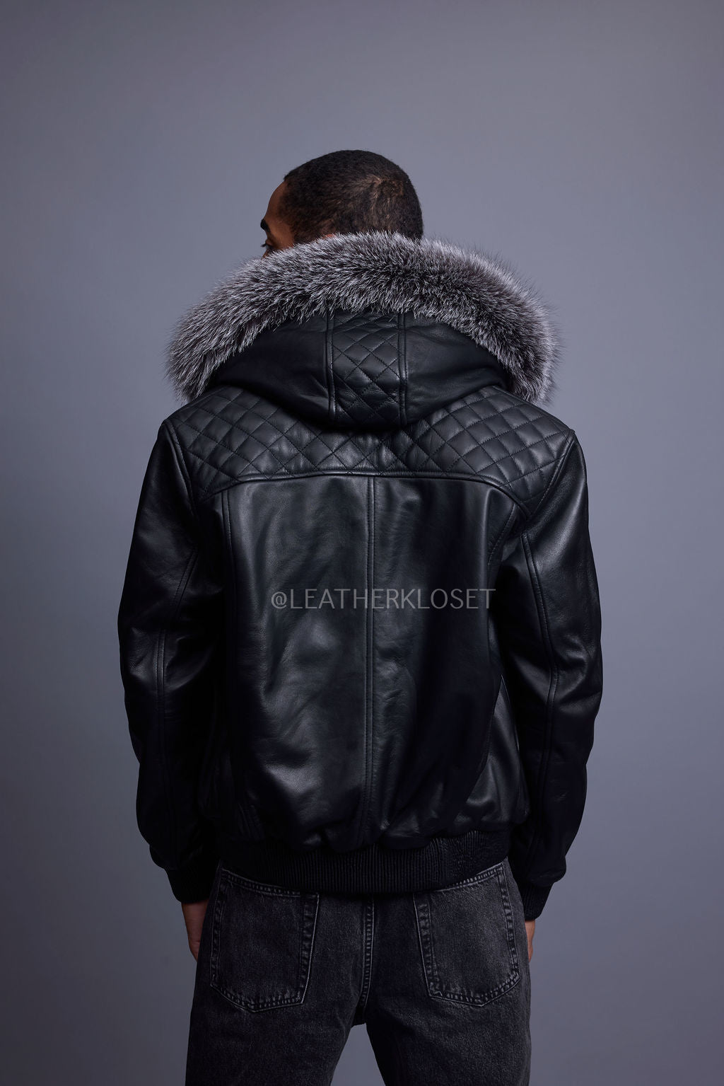 Men's Lucas Quilted Leather Bomber Jacket With Fox Hood [Silver Fox]