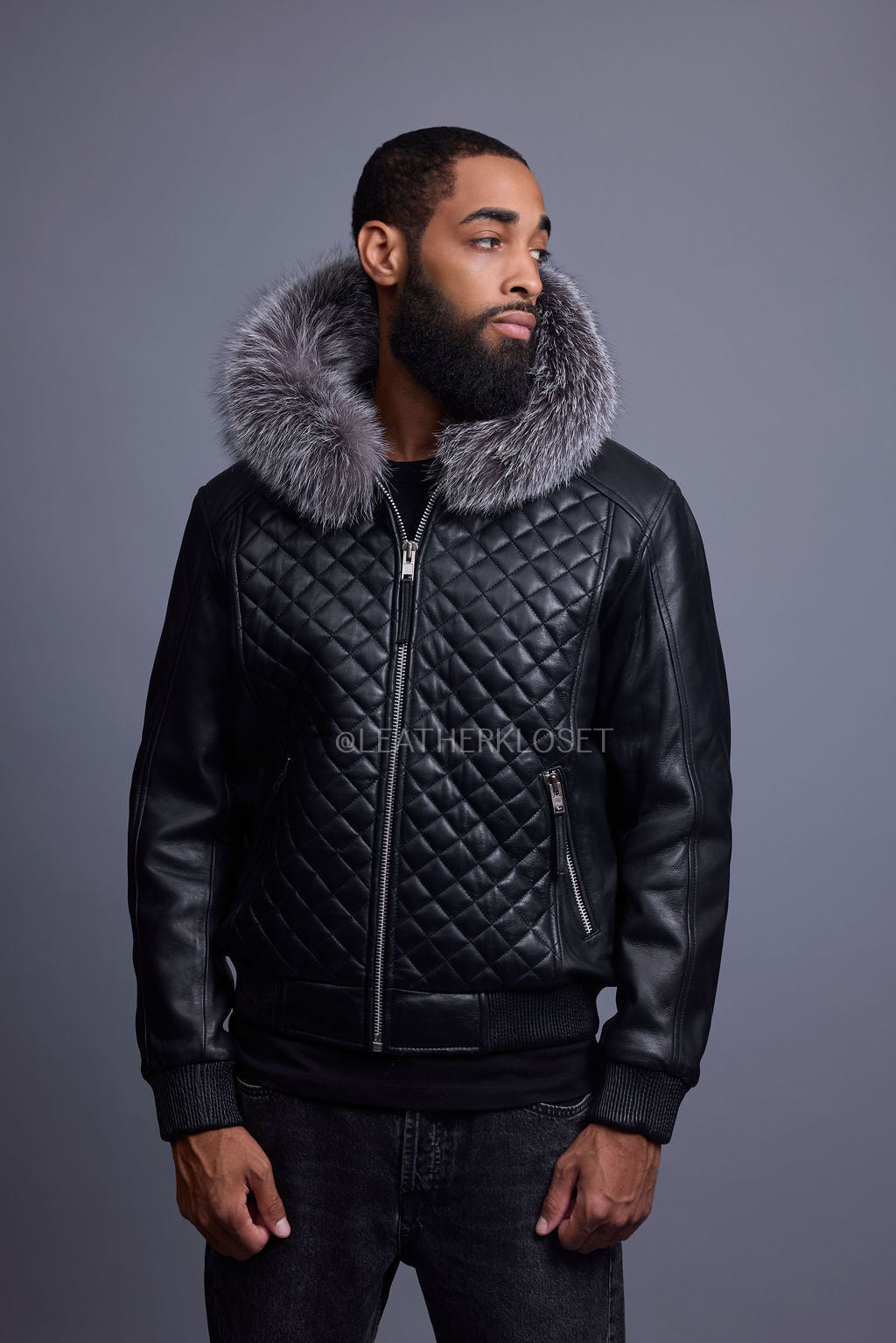 Men's Lucas Quilted Leather Bomber Jacket With Fox Hood [Silver Fox]