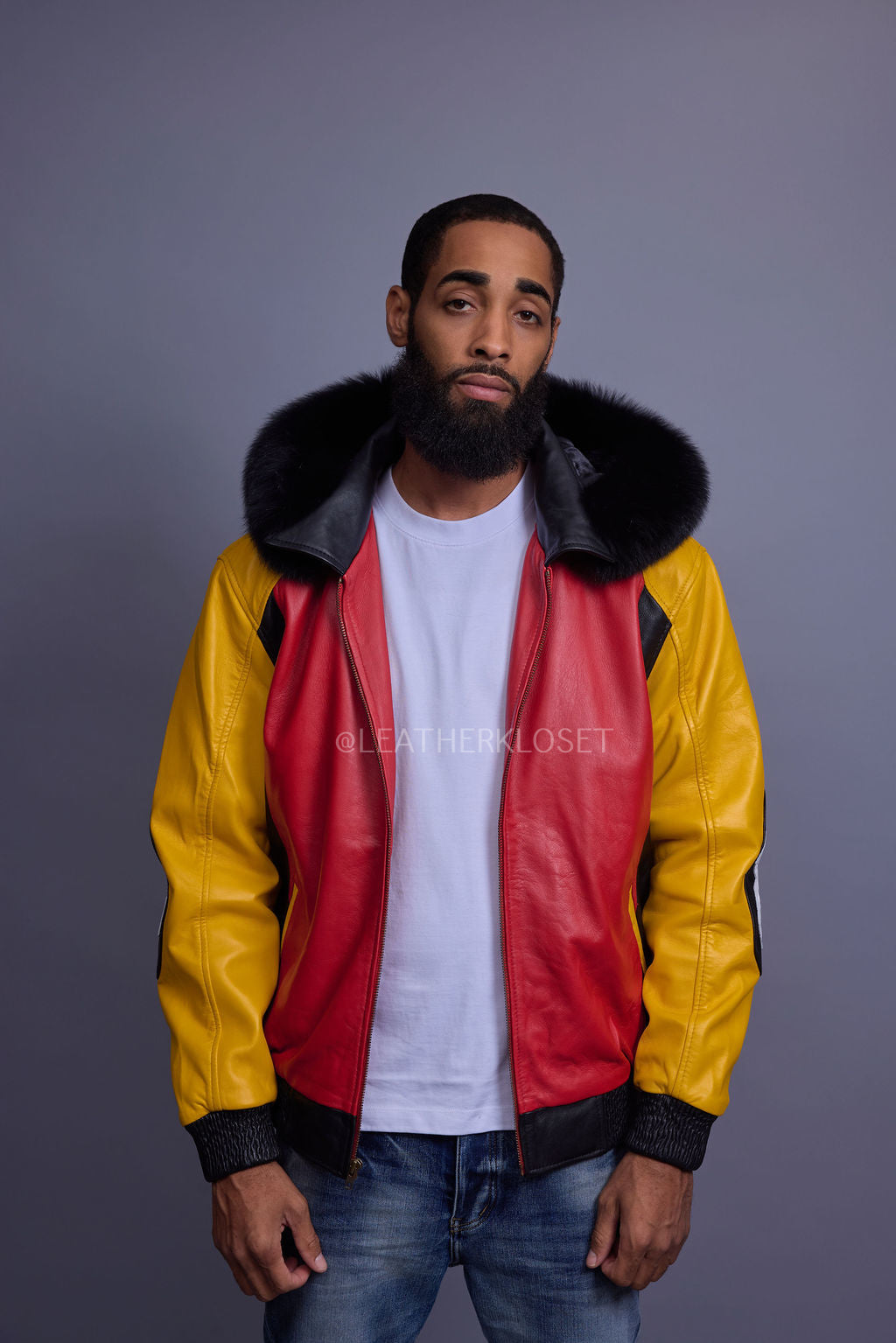 Men's 8 Ball Leather Jacket With Fox Fur Hood [Yellow/Black/Red]