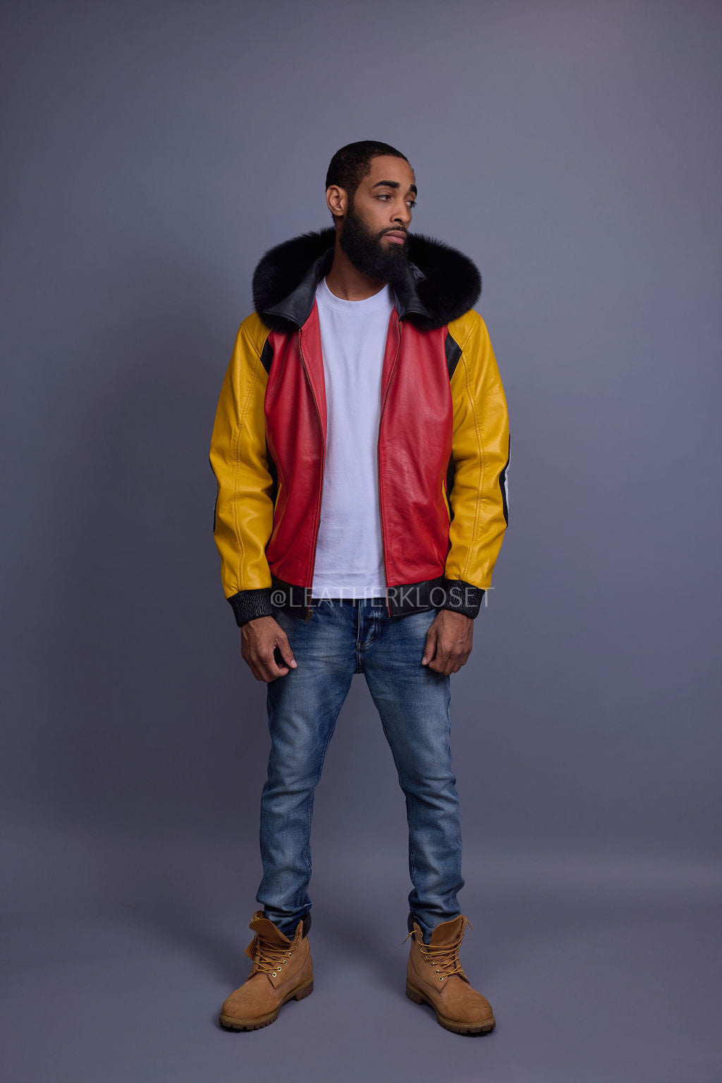 Men's 8 Ball Leather Jacket With Fox Fur Hood [Yellow/Black/Red]