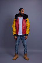 Men's 8 Ball Leather Jacket With Fox Fur Hood [Yellow/Black/Red]