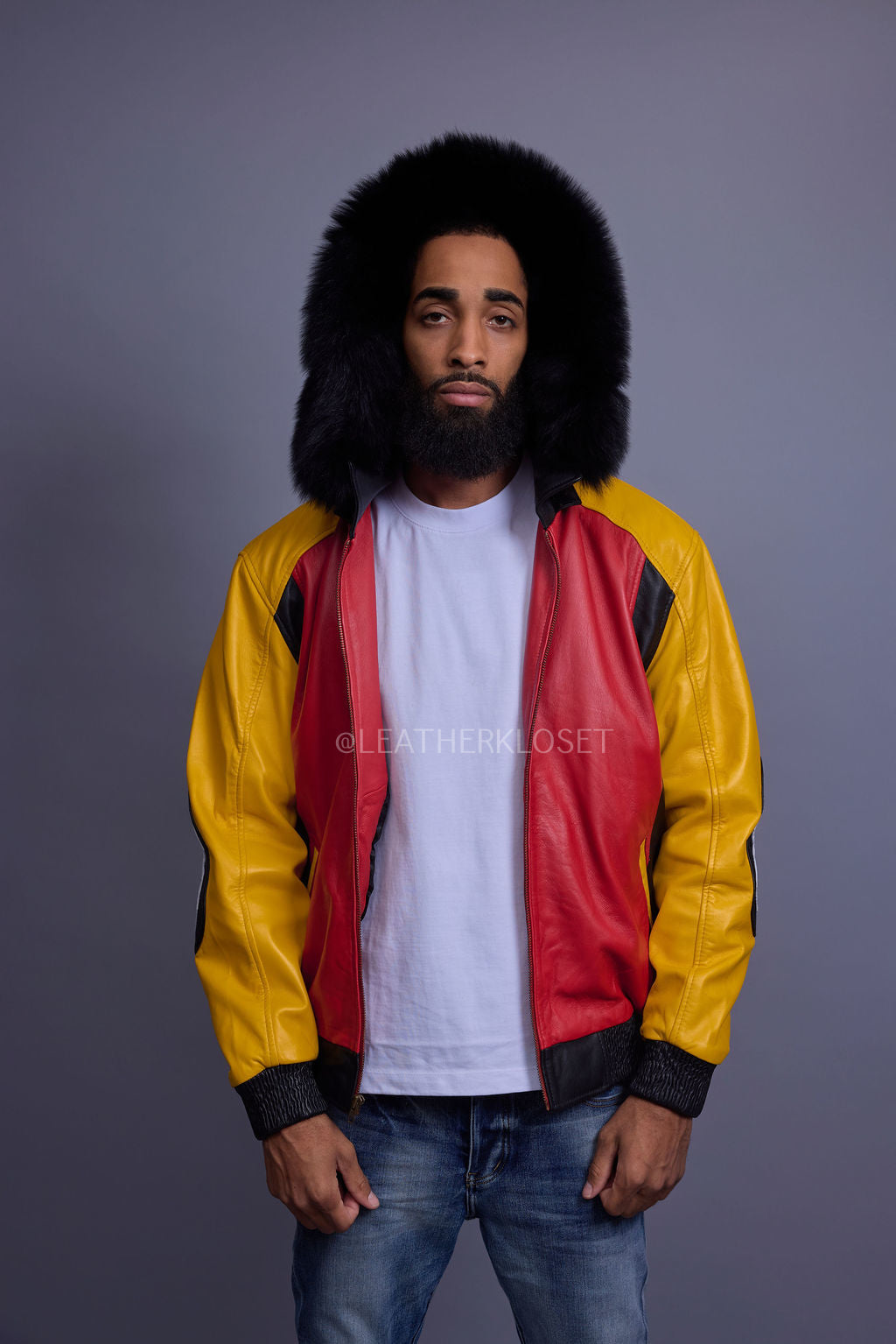 Men's 8 Ball Leather Jacket With Fox Fur Hood [Yellow/Black/Red]
