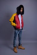Men's 8 Ball Leather Jacket With Fox Fur Hood [Yellow/Black/Red]