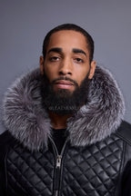 Men's Lucas Quilted Leather Bomber Jacket With Fox Hood [Silver Fox]