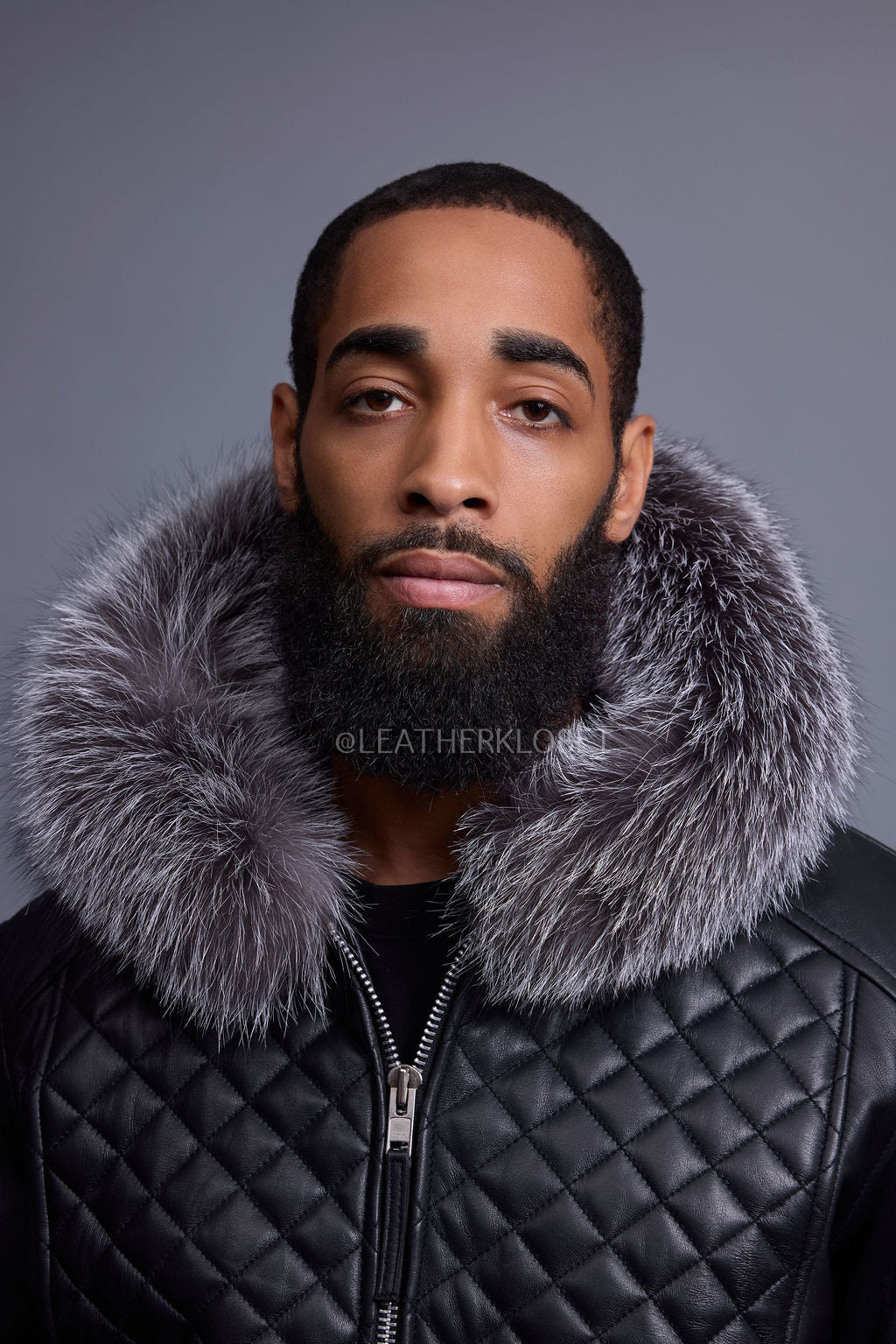 Men's Lucas Quilted Leather Bomber Jacket With Fox Hood [Silver Fox]